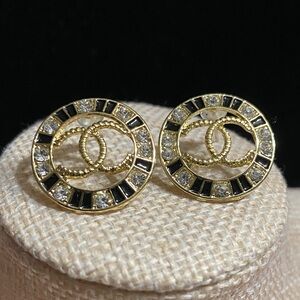 -Inspired Gold-Tone Black & Clear Crystal Logo Stud